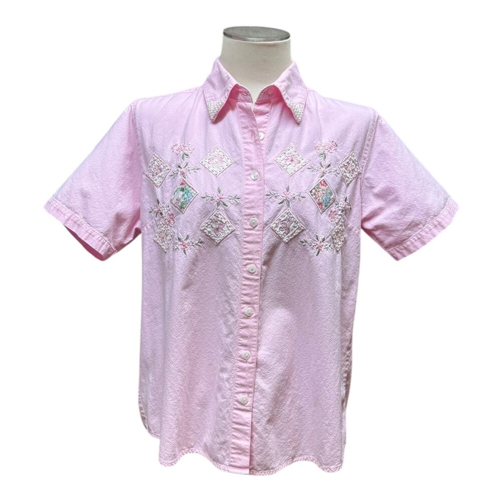 Vintage Jane Ashley Floral Pearl Embellished Short Sleeve Button Up Pink 14/16